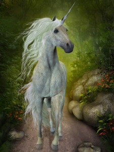 A beautiful white Unicorn trots down a forest path looking for companions.